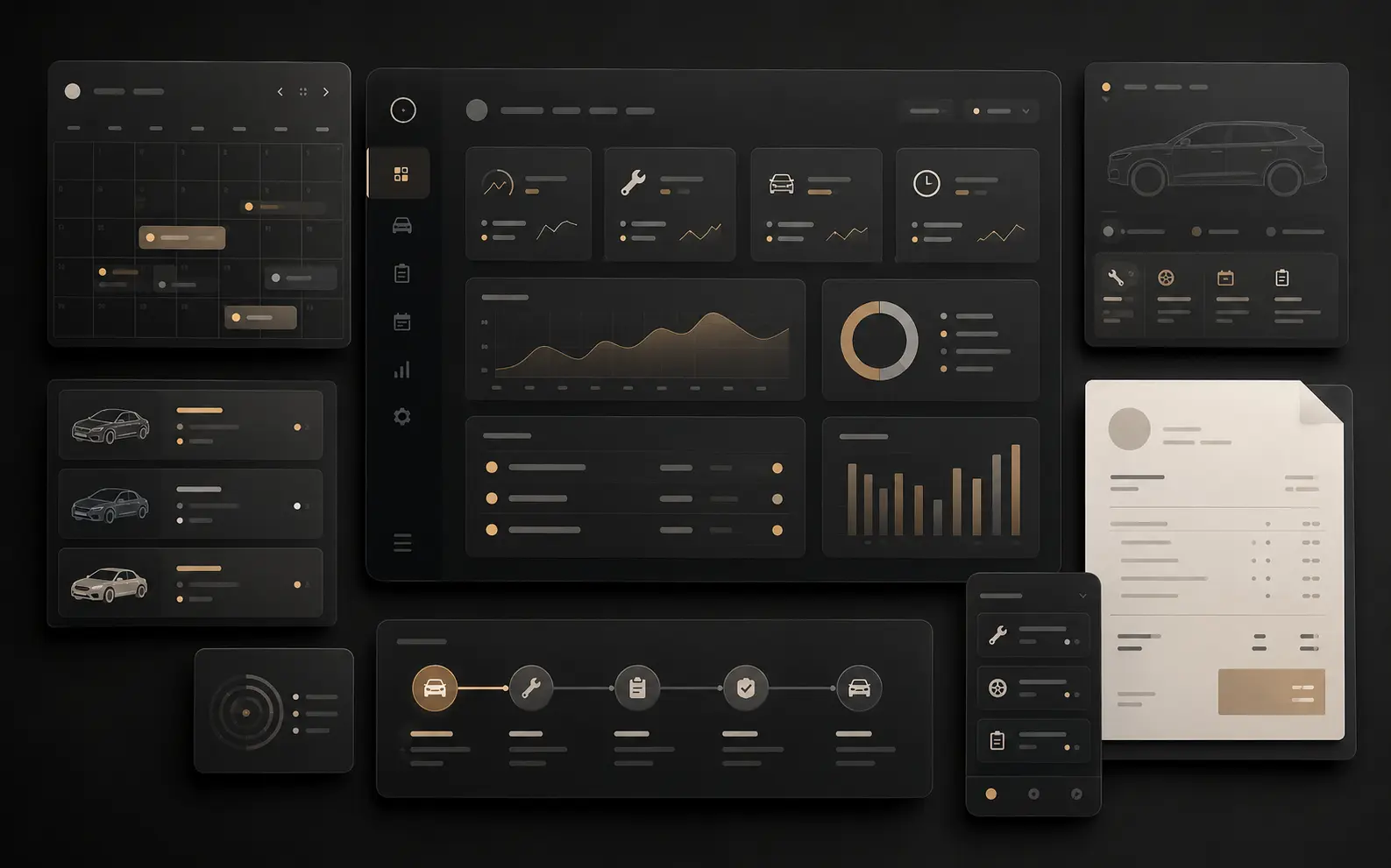 Concept interface showing an automotive booking calendar and work-order dashboard