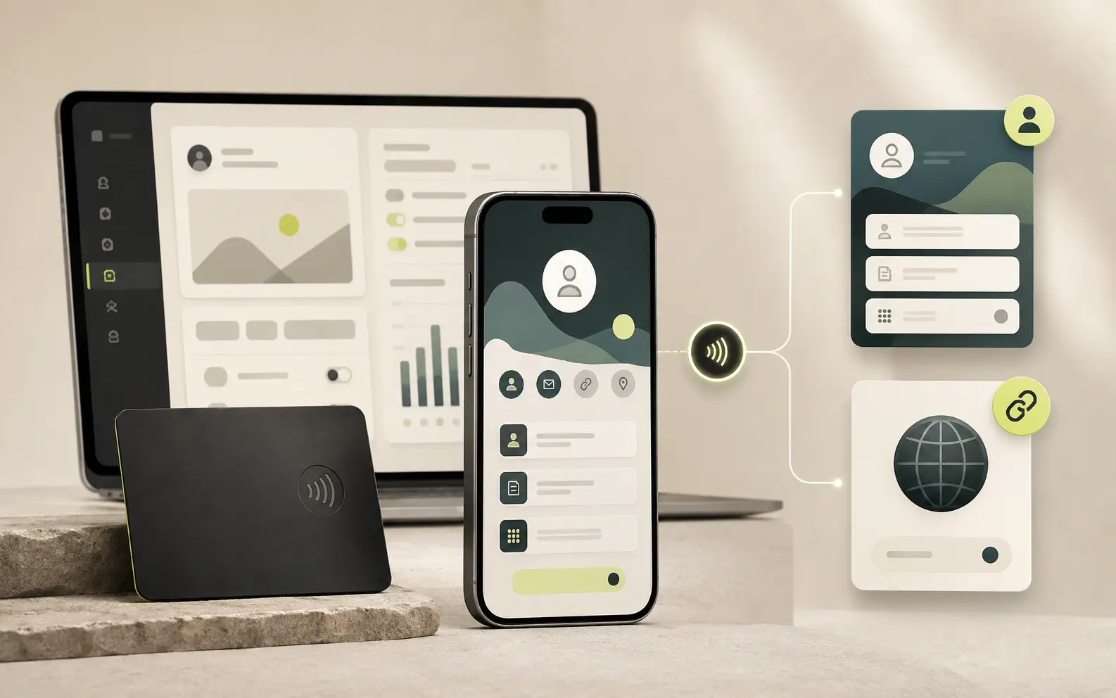 Concept interface showing an NFC card, mobile profile and customer setup portal