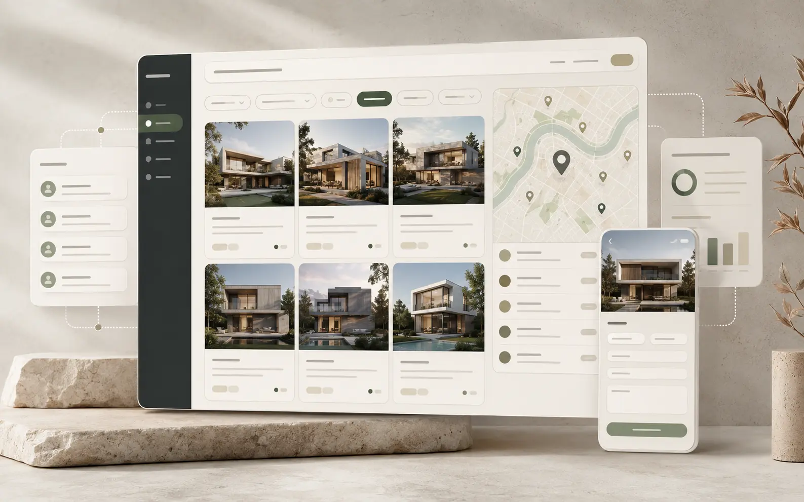 Concept interface showing a real estate listing, map and enquiry platform